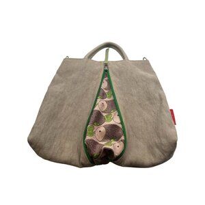 TATIKA Handbag/purse Tan Green Fish Print Zippers Unique Missing Shoulder Strap